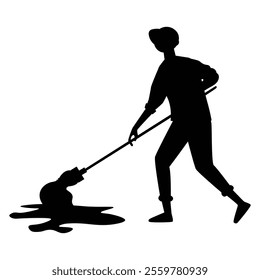 Silhouettes of People Cleaning with Brooms and Mops