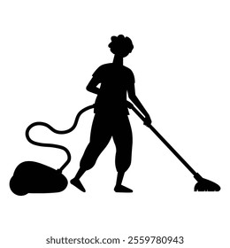 Silhouettes of People Cleaning with Brooms and Mops