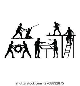 Silhouettes of people collaborating on various tasks.
