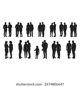 Siluetas de Personas en Conversación e Interacción. Parejas, amigos y padres con hijos. Conjunto de Vector blanco y negro de momentos sociales y familiares