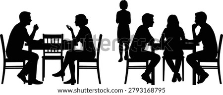 Silhouettes of People Conversing Around Tables Depicting Social Interaction, Meeting Discussion and Community Communication Scene

