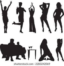 Silhouettes of people and a couch with one of them is black and the other is black.