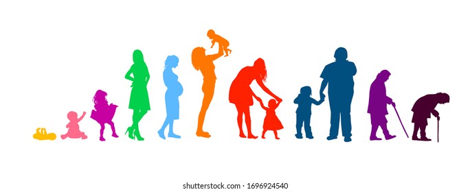 Silhouettes of people. The cycle of life. Silhouettes of women from birth to old age. Vector illustration