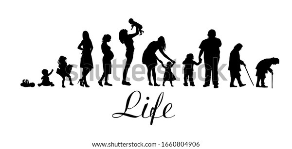 Silhouettes of people. The\
cycle of life. Silhouettes of women from birth to old age. Vector\
illustration