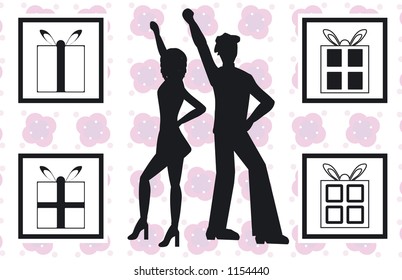 Silhouettes of people dancing, with 4 present designs
