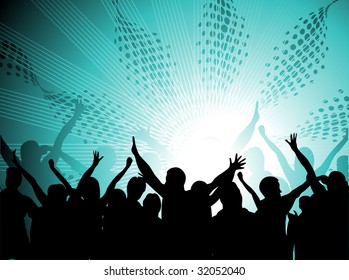 silhouettes of people dancing with people blasted by music