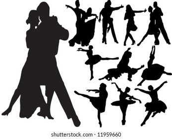 Silhouettes of people dancing different types of dance