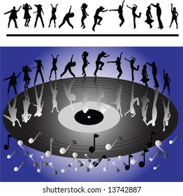 Silhouettes of people dancing disco, vector background