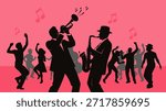 Silhouettes of people dancing energetically while two musicians play a trumpet and a saxophone against a vibrant pink background with musical notes, depicting a lively jazz party or music event.