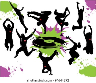 Silhouettes of people dancing and jumping
