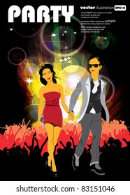 Silhouettes of people dancing with music speaker background
