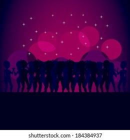 Silhouettes of people dancing on abstract colorful disco party background