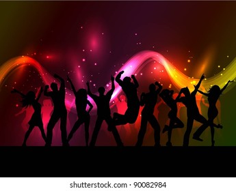 Silhouettes of people dancing on an abstract background