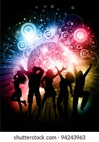 Silhouettes of people dancing on abstract mirror ball background