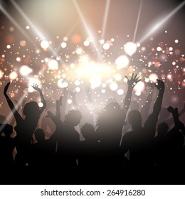 Silhouettes of people dancing on a bokeh lights background