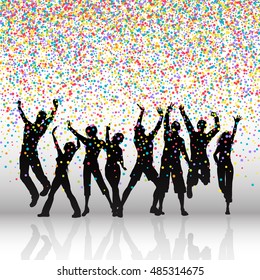 Silhouettes of people dancing on a colourful confetti background