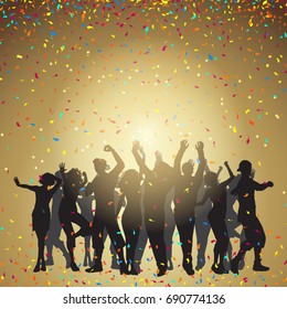 Silhouettes of people dancing on a confetti background