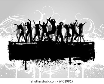 Silhouettes of people dancing on a floral grunge background