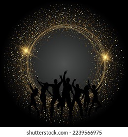 Silhouettes of people dancing on a glittery gold background