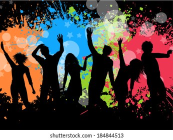 Silhouettes of people dancing on a grunge background