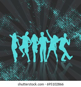 Silhouettes of people dancing on a halftone dots background