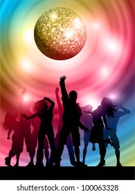 Silhouettes of people dancing on a mirror ball background