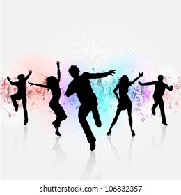 Silhouettes of people dancing on a music notes background