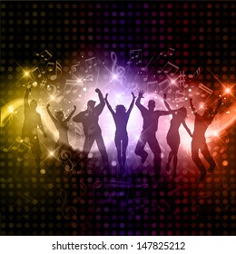 Silhouettes of people dancing on a music notes background