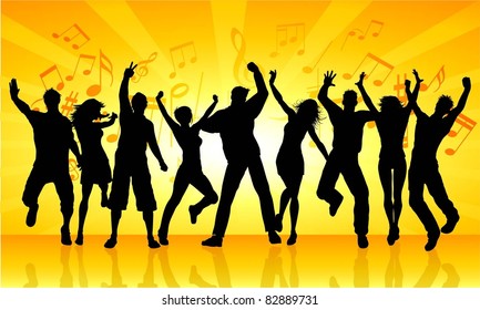 Silhouettes of people dancing on a music notes background