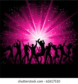 Silhouettes Of People Dancing On A Pink Starburst Background