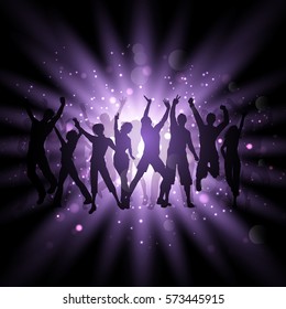 Silhouettes of people dancing on a starburst background