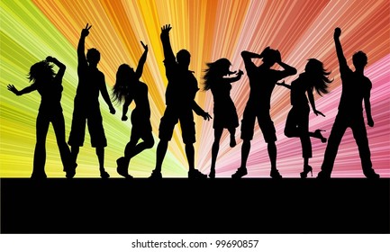 Silhouettes of people dancing on a starburst background