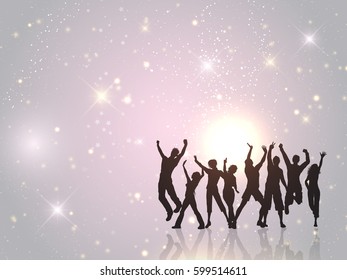 Silhouettes of people dancing on a starry background