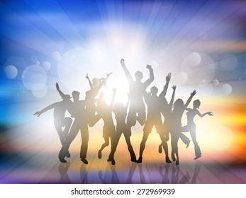 Silhouettes of people dancing on a summer background