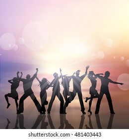 Silhouettes of people dancing on a summer sun background