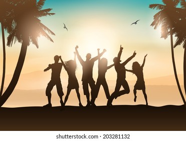 Silhouettes of people dancing on a tropical background