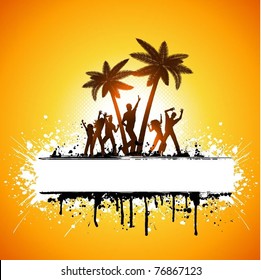 Silhouettes of people dancing on a tropical grunge palm tree background