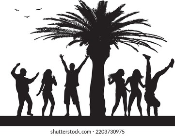 Silhouettes of people dancing in a tropical landscape