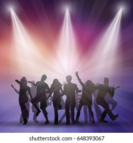 Silhouettes of people dancing under spotlights