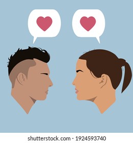 Silhouettes of people with dialogue speech bubbles. Guy and girl in Love. Declaration of love. Conversation.