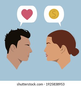 Silhouettes Of People. Dialogue. Speech Bubbles. Guy And Girl. Guy Talks About Love, Girl About Money. Love Or Money. Dilemma. Conversation.