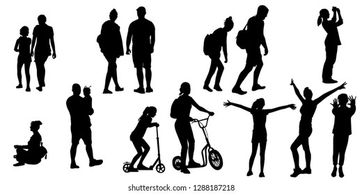 Silhouettes of people in different activities, vector. Men and women, children, girls.