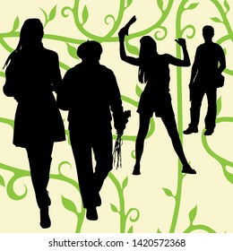 Silhouettes of people of different ages and gender on the background of a seamless pattern with green stems, leaves. Grandmother and granddaughter in demi-season clothes. A man and a girl in shorts.