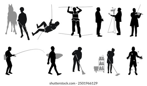 Silhouetten von Menschen verschiedener Berufe, eine Gruppe von Männern und Frauen