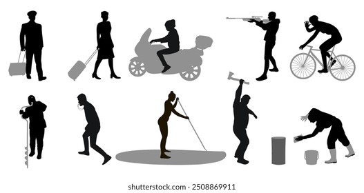 Silhouettes of people of different professions, men and women