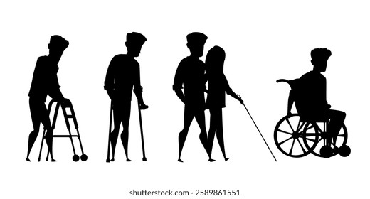 Silhouettes of people with disabilities. Person on with a walker, crutches, a blind person with a cane and a wheelchair user. Inclusive concept. Flat vector illustrations set on transparent.