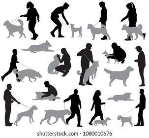 Silhouettes of people with dogs in different positions and situations