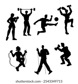 Silhouettes of people doing different sports and exercises, physical activity, vector illustration isolated on white background. Outlines of bodies of people doing sports.