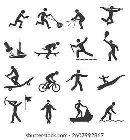 Silhouettes of people doing fitness yoga and sports activities