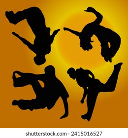 Silhouettes of people doing parkour on a yellow background